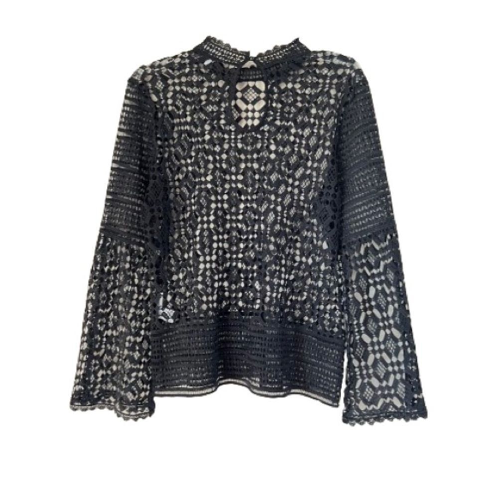 Honey & T Black Crochet High Collar Bell Sleeve Whimsical Goth Blouse Top SZ L